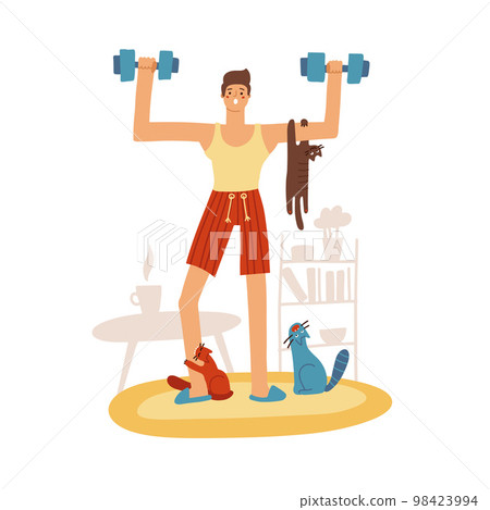 Attractive young man doing a home workout. tree naughty cats are sitting on hin and diverting. The guy lifts a dumbbells. Funny Home workout. Vector flat illustration. 98423994