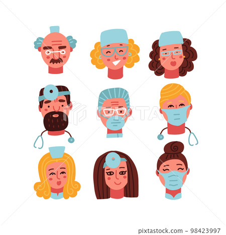 Medical clinic staff doctors, nurses, surgeon heads set. Vector cartoon portraits, account profile pictures, male and female faces. Hospital personnel. Vector flat illustration. 98423997