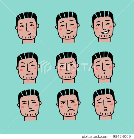 Face expressions of handsome man with dark hair. Nine different male emotions set. Young guy doodle cartoon character. Vector hand drawn illustration isolated on white background. Face expressions of handsome man with dark hair. Nine different male emotions set. Young guy doodle cartoon character. Vector hand drawn illustration isolated on white background. 98424009
