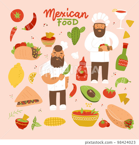 Set of images of mexican dishes and cooks and chieves. Vector flat illustration on color background. Set of images of mexican dishes and cooks and chieves. Vector flat illustration on color background. 98424023
