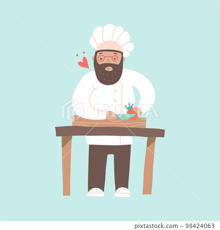 Smiling chef cuting vegetables with a knife, preparing dishes with love. Heart flyes around him. Happy cook isolated on a blue background. Cartoon illustration in flat style 98424063