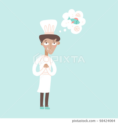 Young male chef dreaming about cooking a fish vector flat illustration. Happy kitchener in white uniform enjoying his ocupation isolated on blue. Funny cartoon cook staff Young male chef dreaming about cooking a fish vector flat illustration. Happy kitchener in white uniform enjoying his ocupation isolated on blue. Funny cartoon cook staff 98424064