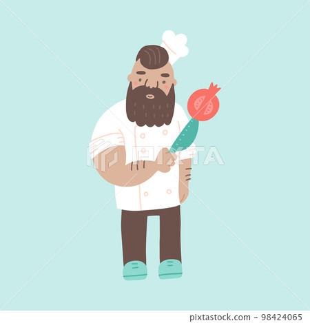 Cute brutal chef in hat cartoon character. Cook with a knife and pomegranate in traditional uniform. Vector flat illustration Cute brutal chef in hat cartoon character. Cook with a knife and pomegranate in traditional uniform. Vector flat illustration 98424065