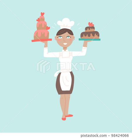 Woman Professional Chef Character with Delicious Cake Desserts. Female Baker Wearing Traditional Uniform Working in Restaurant or Cafe. Vector flat hand drawn Illustration Woman Professional Chef Character with Delicious Cake Desserts. Female Baker Wearing Traditional Uniform Working in Restaurant or Cafe. Vector flat hand drawn Illustration 98424066