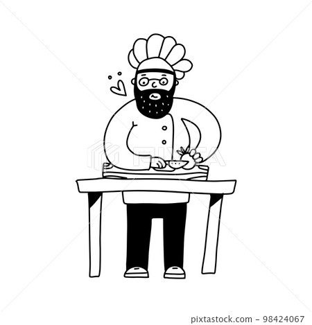 A cute kind chef in a cap cutting vegetables on a cutting board. Cook male character vector illustration. A cute kind chef in a cap cutting vegetables on a cutting board. Cook male character vector illustration. 98424067