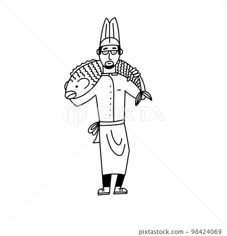 Male cook with a huge fish on his shoulders. Cartoon doodle character, Stick figure, flat vector illustration. Male cook with a huge fish on his shoulders. Cartoon doodle character, Stick figure, flat vector illustration. 98424069