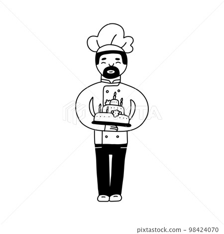 Bakery male character. Hand drawn doodle line vector illustration of chef-cooker with a mustache and beard with cake in hands. Chef cake logo. Bakery male character. Hand drawn doodle line vector illustration of chef-cooker with a mustache and beard with cake in hands. Chef cake logo. 98424070