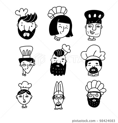 Set of chef cooks cartoon faces handdrawn in doodle style. Male and female characters in in a chef s hat. Simple vector illustration. 98424083