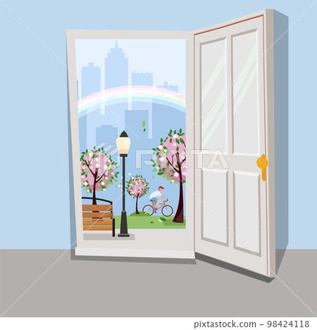 White door inside house with view of urban landscape.Outside blooming pink trees skyscrapers silhouettes and rainbow. Spring cityscape with bench, lantern and cyclist. Flat cartoon vector illustration 98424118