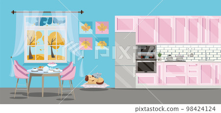 Flat illustration Kitchen set of pink color on blue background with cat dog ang kitchen accessories: fridge, oven, microwave. Dining table by window with tea and teapot. outside the window is autumn. Flat illustration Kitchen set of pink color on blue background with cat dog ang kitchen accessories: fridge, oven, microwave. Dining table by window with tea and teapot. outside the window is autumn. 98424124