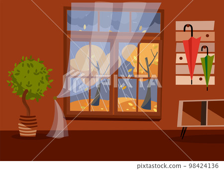 Window with a view of yellow trees and foliage. Autumn brown interior with tree in tub, a coffee table and a umbrellas on hanger. Evening rainy weather outside. Flat cartoon vector illustration. Window with a view of yellow trees and foliage. Autumn brown interior with tree in tub, a coffee table and a umbrellas on hanger. Evening rainy weather outside. Flat cartoon vector illustration. 98424136