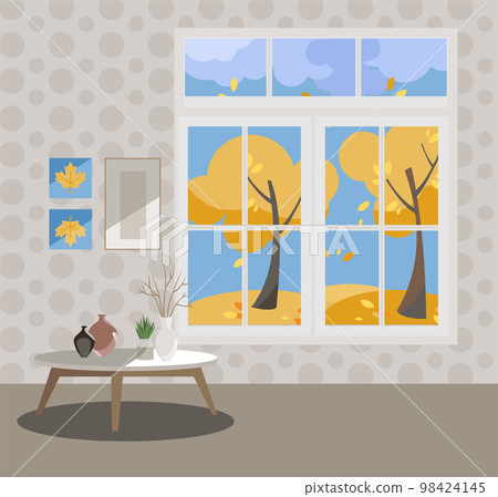 Window with a view of yellow trees and flying leaves. Autumn interior with a coffee table, vases, pictures on grey wallpaper. Sunny good weather outside. Flat cartoon style vector illustration. Window with a view of yellow trees and flying leaves. Autumn interior with a coffee table, vases, pictures on grey wallpaper. Sunny good weather outside. Flat cartoon style vector illustration. 98424145