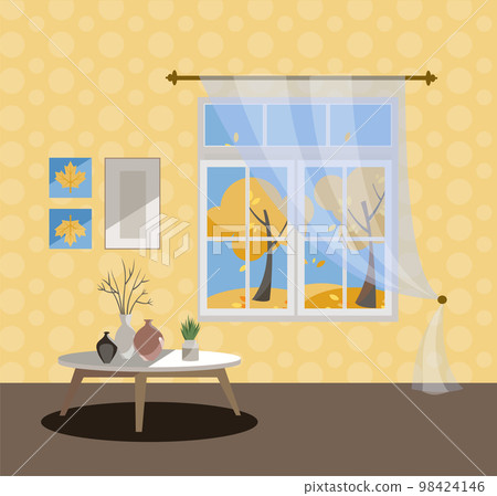 Window with a view of yellow trees and flying leaves. Autumn interior with a coffee table, vases, tulle, yellow wallpaper. Sunny good weather outside. Flat cartoon style vector illustration. Window with a view of yellow trees and flying leaves. Autumn interior with a coffee table, vases, tulle, yellow wallpaper. Sunny good weather outside. Flat cartoon style vector illustration. 98424146
