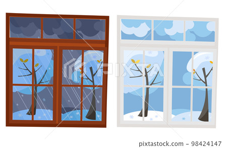 Set of 2 windows in flat style. A wooden brown window overlooking the winter evening, a white plastic window with a view of the winter day. Outside the window is a natural landscape 2 trees in snow Set of 2 windows in flat style. A wooden brown window overlooking the winter evening, a white plastic window with a view of the winter day. Outside the window is a natural landscape 2 trees in snow 98424147
