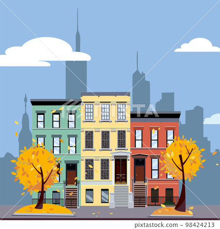 Multicolored multi-party cozy houses on background of skyscrapers of business center of city. Flat cartoon vector illustration of Autumn city landscape. Street cityscape with yellow leaves. Multicolored multi-party cozy houses on background of skyscrapers of business center of city. Flat cartoon vector illustration of Autumn city landscape. Street cityscape with yellow leaves. 98424213