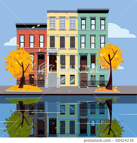 Colored apartment buildings on lake. Facades of buildings are reflected in mirror surface of water. Flat cartoon vector illustration of autumn city. Three-four-story colorful houses. Street cityscape. Colored apartment buildings on lake. Facades of buildings are reflected in mirror surface of water. Flat cartoon vector illustration of autumn city. Three-four-story colorful houses. Street cityscape. 98424216