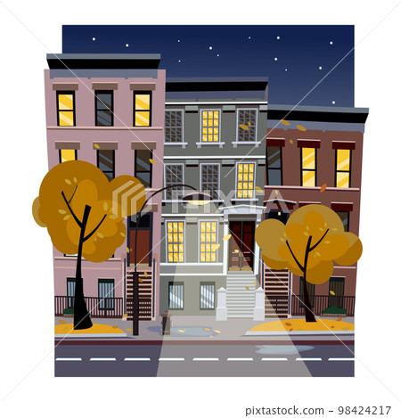 Vector flat cartoon illustration of the historic urban area. City street landscape at night. Vector flat cartoon illustration of the historic urban area. City street landscape at night. 98424217
