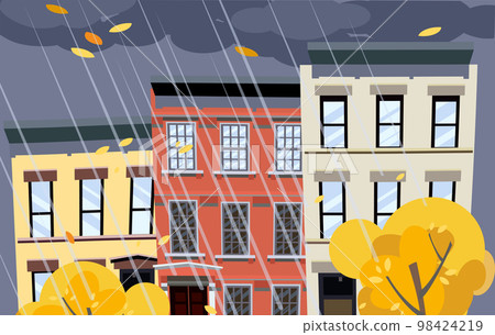 Flat cartoon vector illustration of autumn rainy city street. Dark clouds over the roofs of houses, it is raining. Street of town with bright colorful houses. Autumn twilight in the city background Flat cartoon vector illustration of autumn rainy city street. Dark clouds over the roofs of houses, it is raining. Street of town with bright colorful houses. Autumn twilight in the city background 98424219