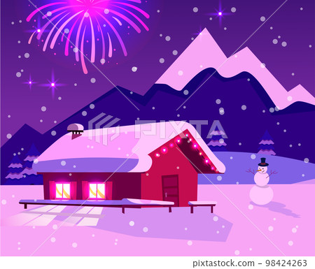 Flat vector illustration of fireworks over mountain landscape with one-story country house with lighting windows. Purple-pink colors of night. Holiday at ski resort with snowman and snowfall. 98424263