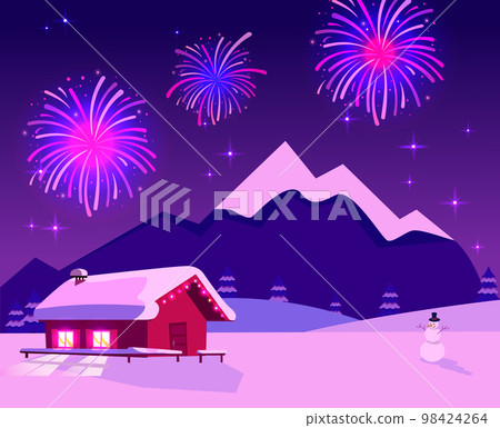 Flat vector illustration of fireworks over mountain landscape with one-story country house with lighting windows. Purple-pink colors of night. Holiday at ski resort. Cozy place with space and snowman 98424264