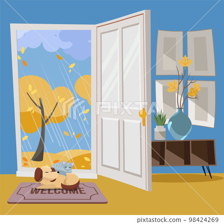 Open door into autumn view with yellow trees. Autumn interior with a coffee table, vases, door mat, sleeping cat and dog. Sunny good weather outside. Flat cartoon style vector illustration. Open door into autumn view with yellow trees. Autumn interior with a coffee table, vases, door mat, sleeping cat and dog. Sunny good weather outside. Flat cartoon style vector illustration. 98424269