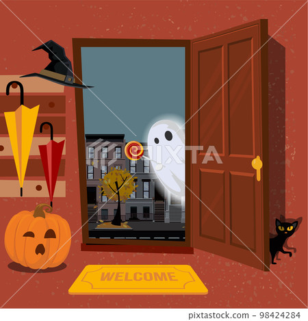 House interior, decorated for Halloween, pumpkin with mug in hallway under hanger with umbrellas, black cat hides behind door. Door is open and Ghost looks inside street. Flat cartoon illustration. House interior, decorated for Halloween, pumpkin with mug in hallway under hanger with umbrellas, black cat hides behind door. Door is open and Ghost looks inside street. Flat cartoon illustration. 98424284