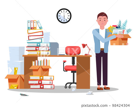 Dismissing from employment. Disapointed young business man employee leaves office with box of things. Unemployment concept with desk and stacks of documents, folders.Vector flat cartoon illustration 98424304
