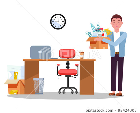 Successful smiling young business man holding cardboard box with work stuff at a new workplace with laptop and papers. New job concept. Office workstation. Vector flat cartoon illustration 98424305