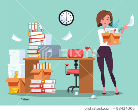 Dismissing from employment. Disapointed young business woman employee leaves office with box of things. Unemployment concept with desk and stacks of documents, folders.Vector flat cartoon illustration 98424306