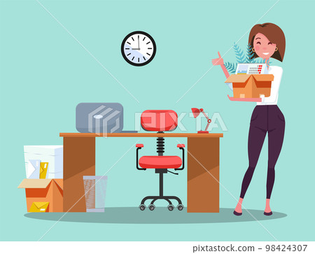Successful smiling young business woman holding cardboard box with work stuff at a new workplace with laptop and papers. New job concept. Office workstation. Vector flat cartoon illustration 98424307