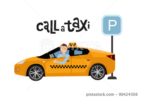 Lettering call a taxi concept with male driver in yellow taxi next to parking sign. Modern vehicle Side view. Man showing thumb up gesture.Isolated Vector flat cartoon illustration on white background 98424308