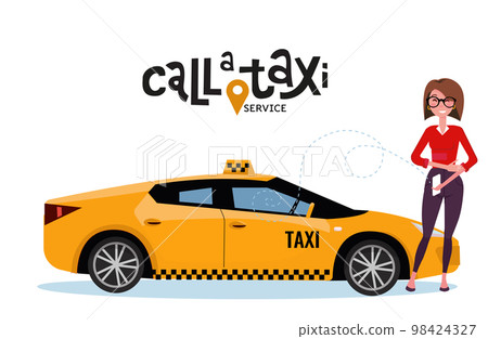 Call a taxi concept wwith lettering. Woman orders a taxi, standing by the application on the mobile phone. Woman using smartphone to get, call yellow premium taxi. Vector flat cartoon illustration Call a taxi concept wwith lettering. Woman orders a taxi, standing by the application on the mobile phone. Woman using smartphone to get, call yellow premium taxi. Vector flat cartoon illustration 98424327