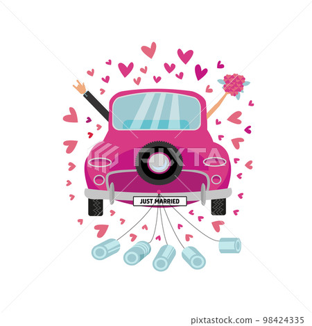 Newlywed couple is driving vintage pink car for their honeymoon and cans attached. Bride groom car with hand with bouquet sticking out of window . Vector flat cartoon round concept with many hearts Newlywed couple is driving vintage pink car for their honeymoon and cans attached. Bride groom car with hand with bouquet sticking out of window . Vector flat cartoon round concept with many hearts 98424335