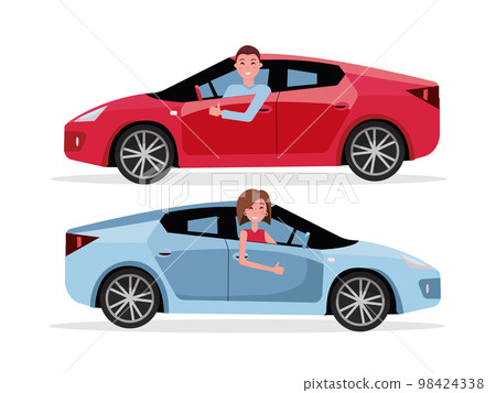 Smiling man driving his car, looking out side window, showing thumb up gesture. Cheerful driver behind the wheel of a car. Brown-haired woman driving a car. Vector flat cartoon isolated illustration 98424338
