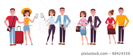 Set of 4 couples in clothes for rest, for work, for holidays, for cultural events. Families characters in casual clothes. different people wearing stylish clothes. Vector flat cartoon illustration 98424339