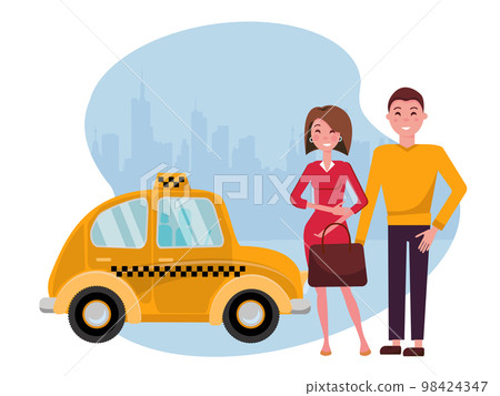 Smiling young man and woman are standing next to a cute yellow taxi against the silhouette of a big city. Convenient urban travel concept for young business people. Vector flat cartoon illustration 98424347