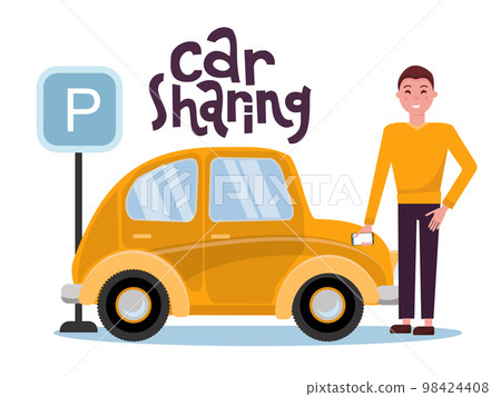 Attractive young man holding mobile phone rents a car in the parking lot online. New yellow car stands at the parking sign. Carsharing concent. Vector flat cartoon illustration with lettering. Attractive young man holding mobile phone rents a car in the parking lot online. New yellow car stands at the parking sign. Carsharing concent. Vector flat cartoon illustration with lettering. 98424408