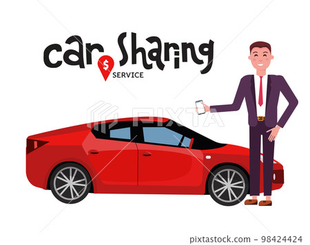 Composition with automobile and businessman in suit with mobile phone standing beside red sports car for rent. Carsharing or car rental service. Hand drawn lettering. Vector flat cartoon illustration Composition with automobile and businessman in suit with mobile phone standing beside red sports car for rent. Carsharing or car rental service. Hand drawn lettering. Vector flat cartoon illustration 98424424