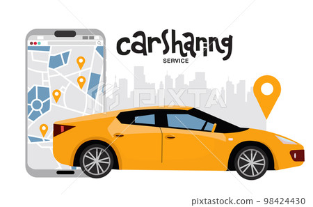 Side view of yellow city car with big mobile phone with car sharing application on the screen. Sedan vehicle for rent with city silhouette and hand drawn lettering .Vector flat cartoon illustration 98424430