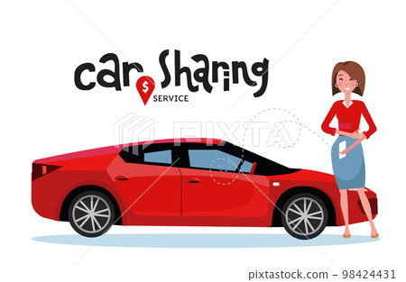 Online carsharing. Woman book car by app on mobile phone. Transportation service online. Lettering car sharing service. Happy person in front of red sport car. Vector flat cartoon illustration Online carsharing. Woman book car by app on mobile phone. Transportation service online. Lettering car sharing service. Happy person in front of red sport car. Vector flat cartoon illustration 98424431