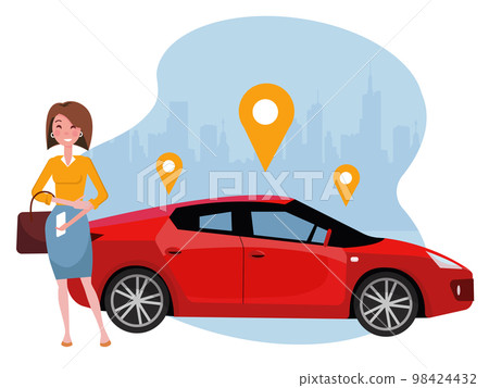 Woman with smartphone standing near car. Rent a car using mobile app. Online carsharing concept. Sport red car on background of silhouette of city and geolocation sign.Vector flat cartoon illustration Woman with smartphone standing near car. Rent a car using mobile app. Online carsharing concept. Sport red car on background of silhouette of city and geolocation sign.Vector flat cartoon illustration 98424432