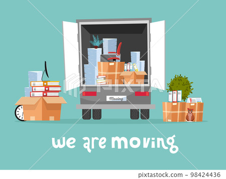 Corporate Moving into new office Concept. Business Relocation in new place. Things in Box in Truck set. Moving Furniture. Van with monitor and stacks of folders. Vector flat cartoon illustration Corporate Moving into new office Concept. Business Relocation in new place. Things in Box in Truck set. Moving Furniture. Van with monitor and stacks of folders. Vector flat cartoon illustration 98424436