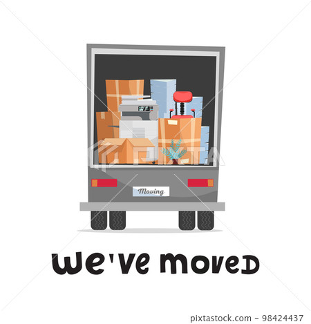 we've moved hand lettering concept. Office furniture and equipment in the back of a truck.Back view of lorry in white background. Stack pf cardboard boxes with chair, printer, plant and piles of paper we've moved hand lettering concept. Office furniture and equipment in the back of a truck.Back view of lorry in white background. Stack pf cardboard boxes with chair, printer, plant and piles of paper 98424437