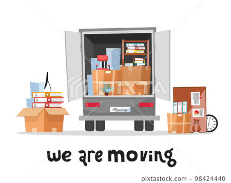 Open trunk of the truck woth stack af office things in cardboard boxes.Corporate Moving.Unloading or loading van. We are moving home concept with lettering qoute.Vector flat cartoon style illustration 98424440