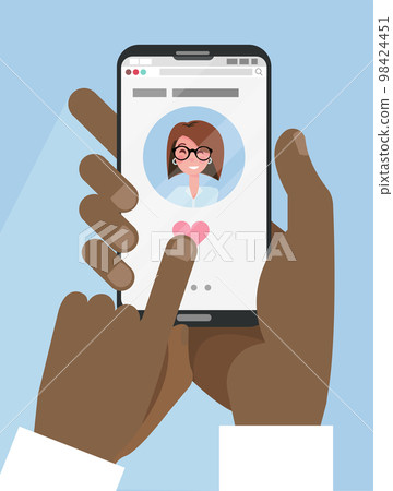Two black afro male hands hold smartphone with Online dating app on screen. Online dating, long distance relationship. Finger presses heart button. Pretty caucasian profile. Flat vector illustration Two black afro male hands hold smartphone with Online dating app on screen. Online dating, long distance relationship. Finger presses heart button. Pretty caucasian profile. Flat vector illustration 98424451