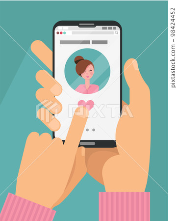Online dating app concept. Male hands in suit holding smartphone with woman on screen. Online dating, long distance relationship concept. Finger presses heart button. Flat cartoon vector illustration 98424452