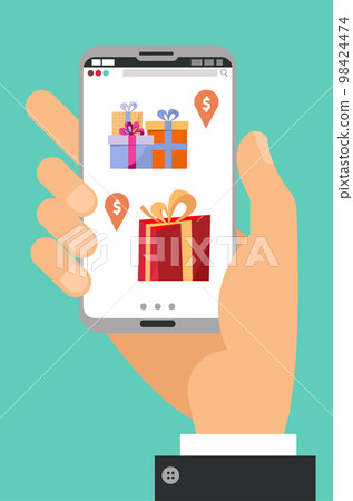 Hand holding phone. Hand with smartphone with gift boxes on the screen with price tags. Gift app page on smartphone screen. Mobile concept for web banners, web sites. Flat cartoon vector illustration. Hand holding phone. Hand with smartphone with gift boxes on the screen with price tags. Gift app page on smartphone screen. Mobile concept for web banners, web sites. Flat cartoon vector illustration. 98424474