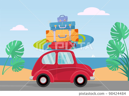 Little red retro car rides from the sea with stack of suitcases on roof. Flat cartoon vector illustration. Car side View With surfboard and baggage. Southern landscape with sand, leaves of Monstera Little red retro car rides from the sea with stack of suitcases on roof. Flat cartoon vector illustration. Car side View With surfboard and baggage. Southern landscape with sand, leaves of Monstera 98424484