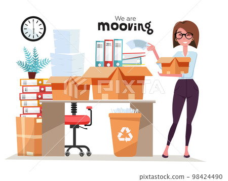 Successful smiling business woman holding cardboard box with work stuff, stack of folders at office moving. Office moving job concept. Vector flat style illustration isolated on white background. Successful smiling business woman holding cardboard box with work stuff, stack of folders at office moving. Office moving job concept. Vector flat style illustration isolated on white background. 98424490