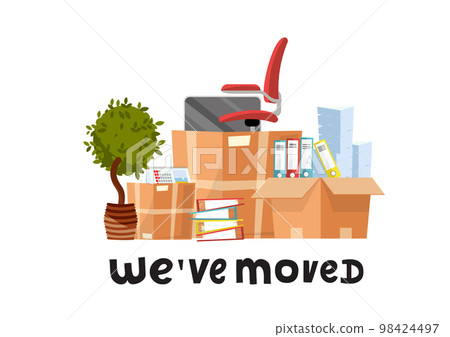 We've moved - hand drawn lettering quote.A lot of open cardboard boxes with office supplies - folders, documents, monitor, red chair on wheels, potted plant.Flat cartoon vector set on white background We've moved - hand drawn lettering quote.A lot of open cardboard boxes with office supplies - folders, documents, monitor, red chair on wheels, potted plant.Flat cartoon vector set on white background 98424497
